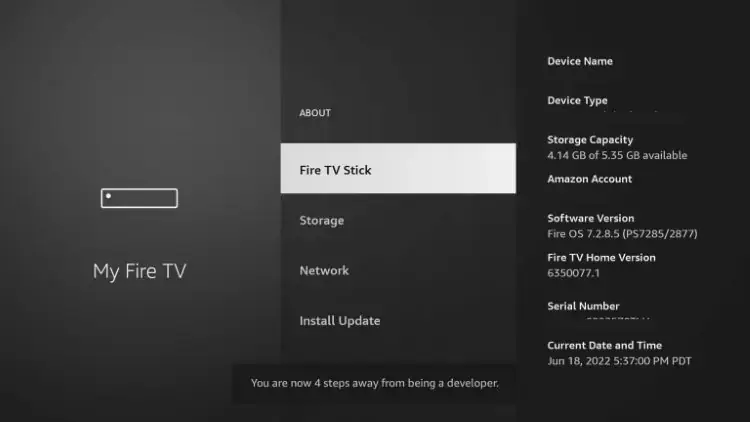 Hover over Fire TV Stick and click the OK button on your remote 7 times to become a developer.