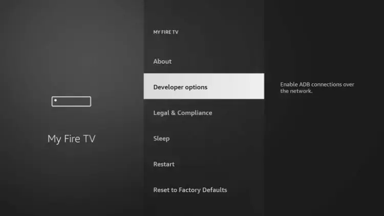 Click the back button on your remote and you will notice Developer Options is now showing within My Fire TV.