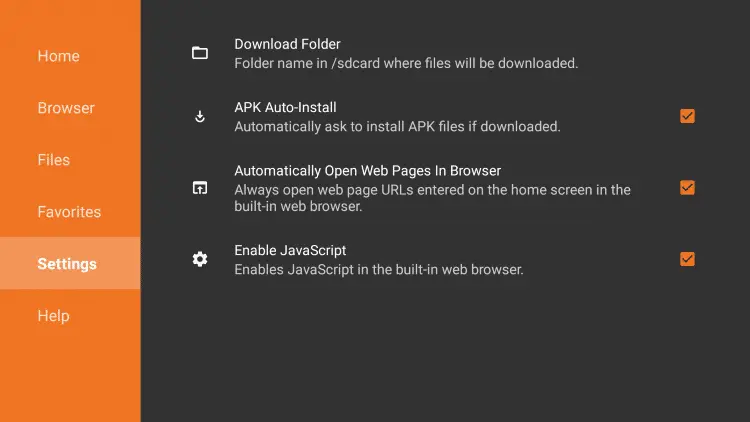 Within the settings are options to enable APK Auto-Install, JavaScript, and more.